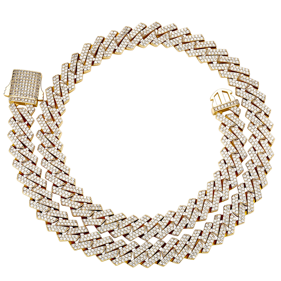 14mm Iced Prong Cuban Chain in Yellow Gold