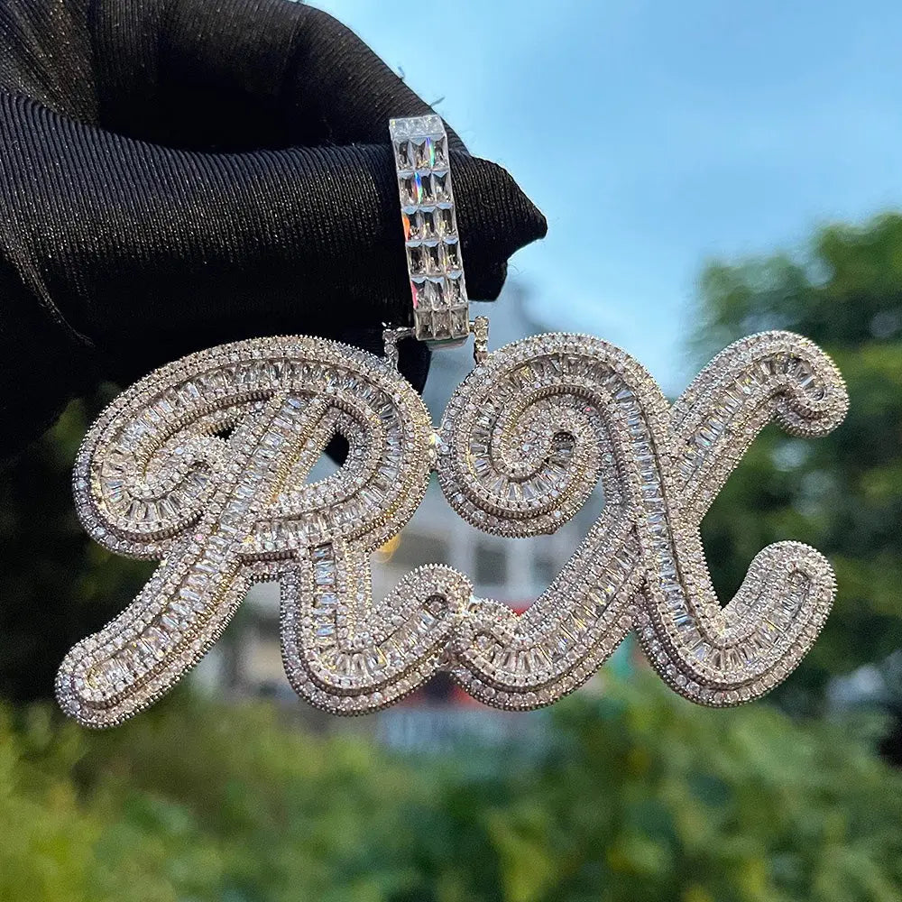 Custom Baguette Diamond Cursive Font Pendant 10-Letters18kYellowGoldPlated The Icetruck