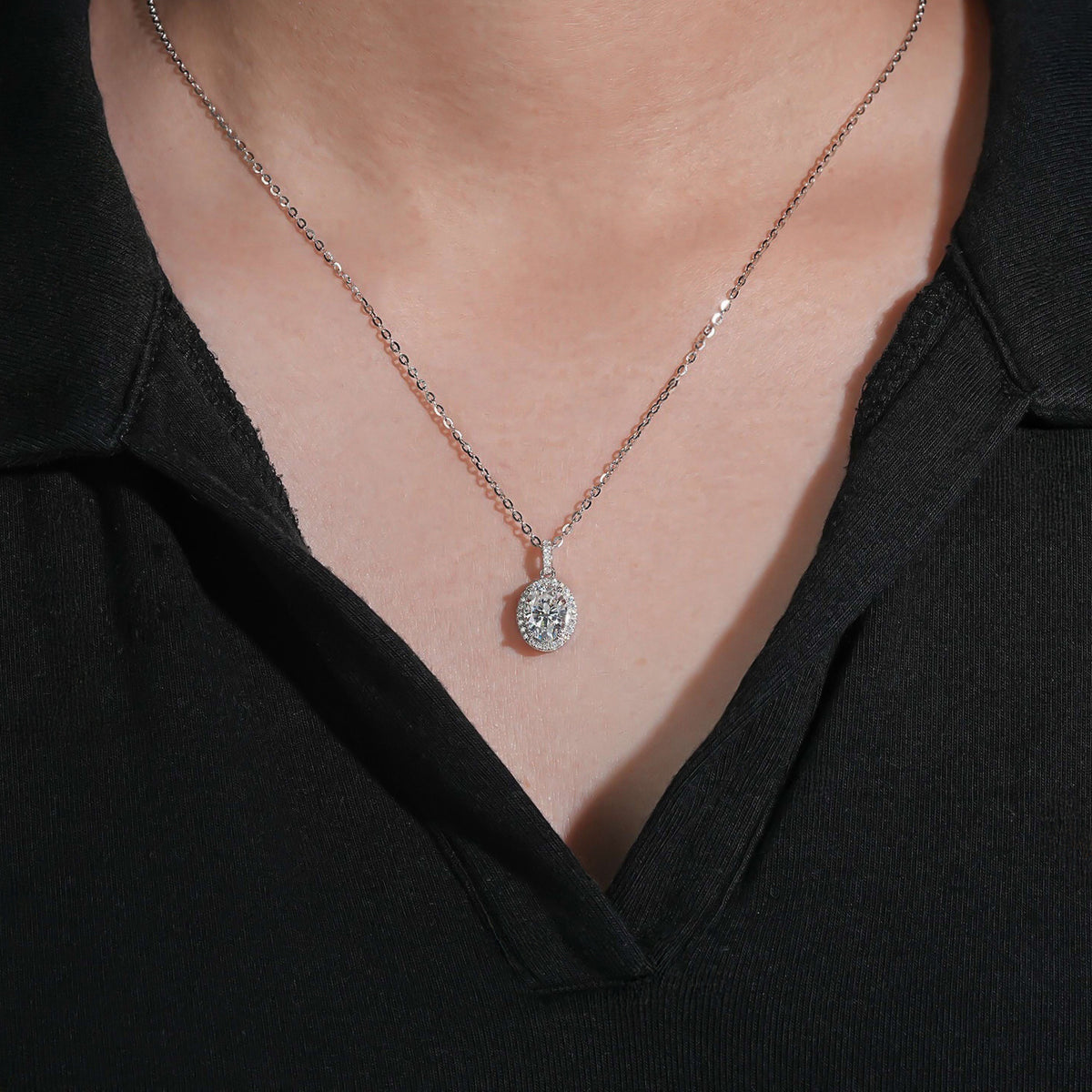 Moissanite Oval Halo Pendant - 925 Silver