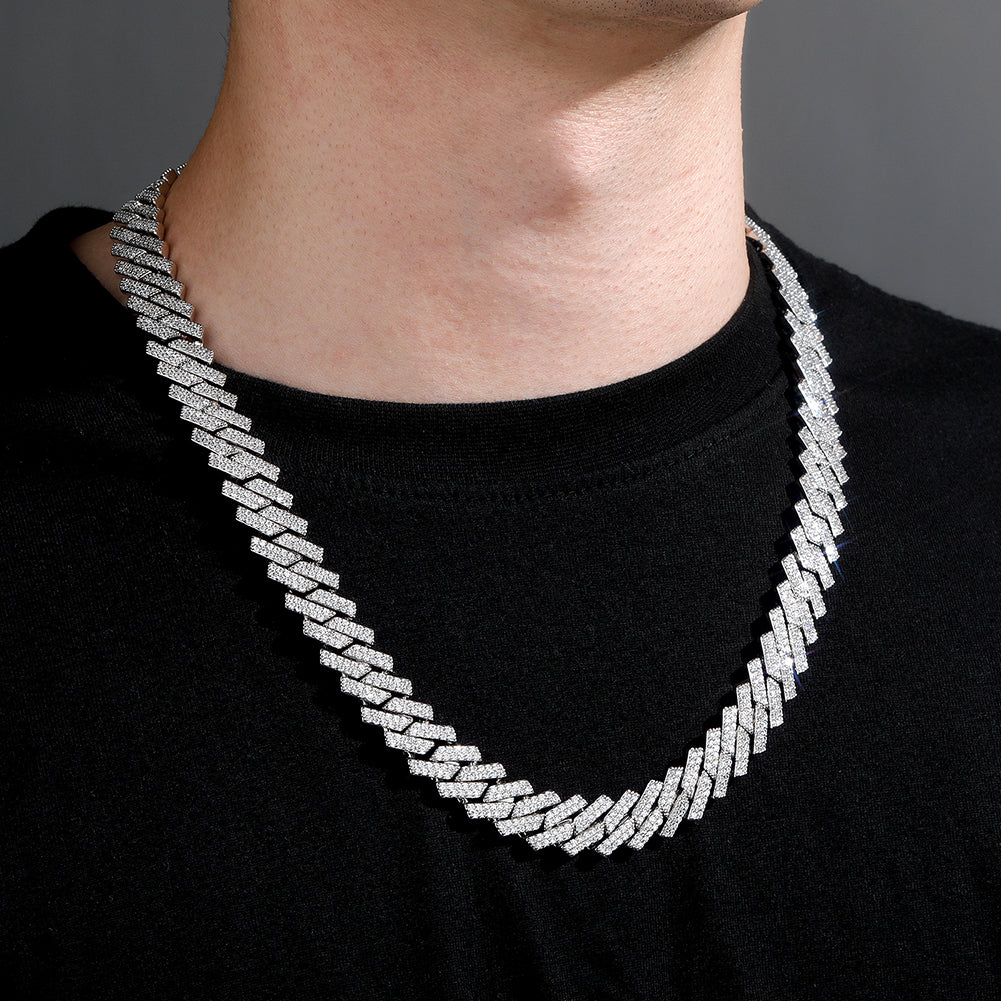 14mm Moissanite Prong Cuban Chain in 925 Silver