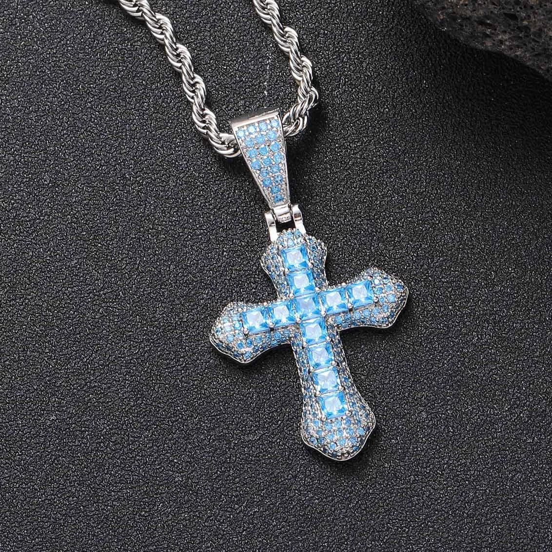Blue Diamond Cross Pendant - 925 Silver