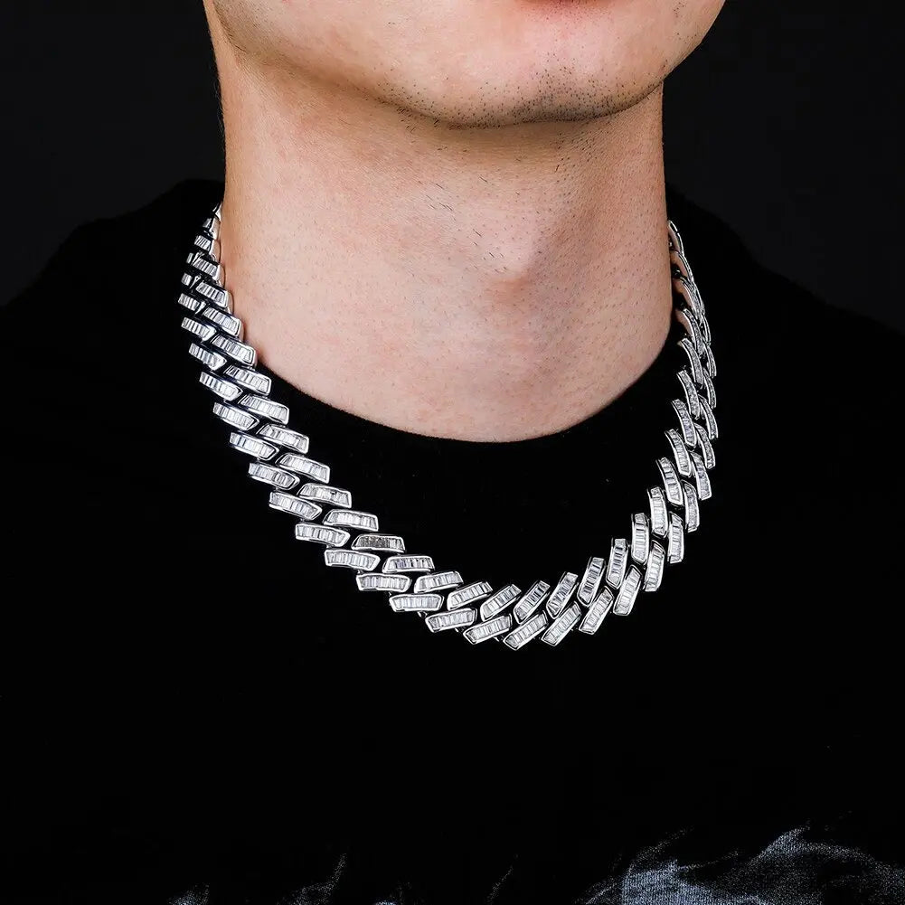 18mm Channel Set Baguette Cuban Chain in White Gold | - The Icetruck