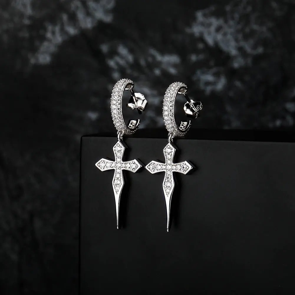 Dagger Cross Hoop Earrings in White Gold | - The Icetruck
