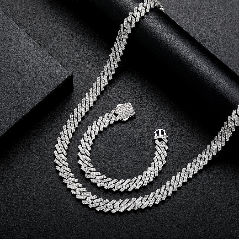 14mm Moissanite Prong Cuban Chain in 925 Silver